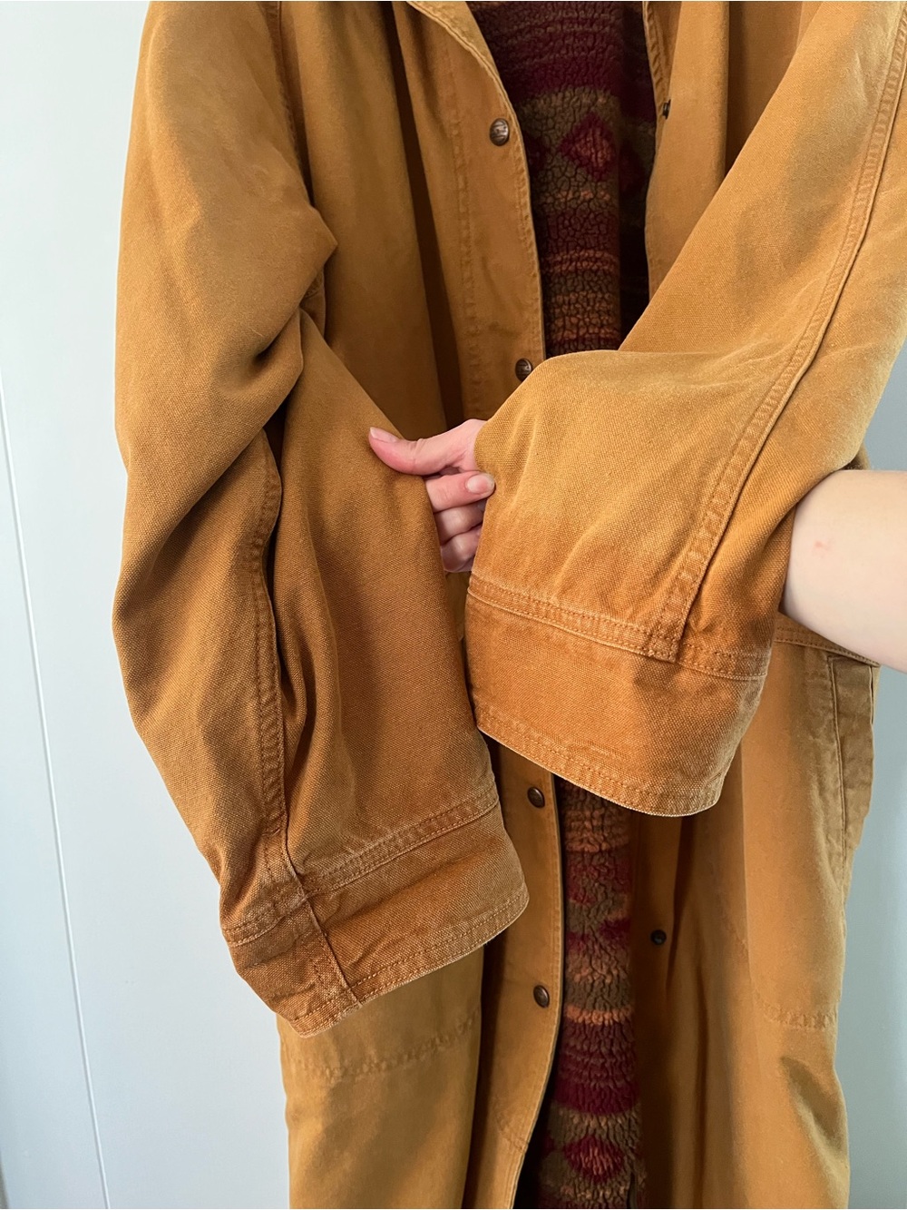 Vintage LL Bean Sherpa Lined Aztec Duster Coat Canvas Chore Rancher Tan Trench - Picture 15 of 16
